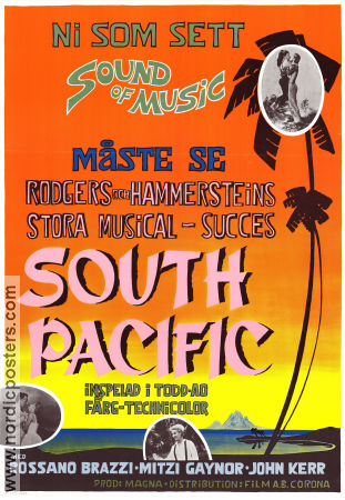 South Pacific 1958 movie poster Rossano Brazzi Mitzi Gaynor John Kerr Joshua Logan Music: Rodgers and Hammerstein Musicals Beach