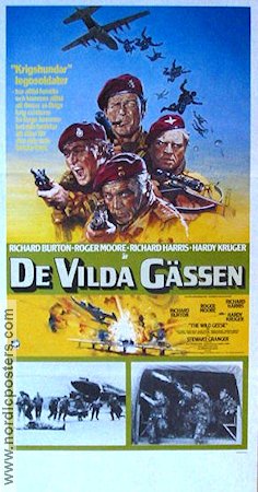 The Wild Geese 1978 movie poster Roger Moore Richard Burton Richard Harris Hardy Kruger Andrew McLaglen Sky diving