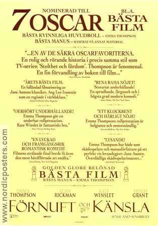 Sense and Sensibility 1995 movie poster Emma Thompson Kate Winslet Ang Lee Writer: Jane Austen