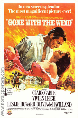 Gone with the Wind 1939 movie poster Vivien Leigh Clark Gable Leslie Howard Olivia de Havilland Victor Fleming Writer: Margaret Mitchell Romance