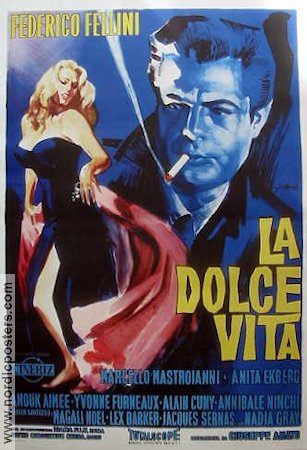 La Dolce Vita 1960 movie poster Anita Ekberg Marcello Mastroianni Federico Fellini Smoking
