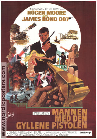The Man with the Golden Gun 1974 movie poster Roger Moore Britt Ekland Christopher Lee Poster artwork: Robert E McGinnis Guns weapons