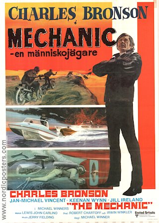 The Mechanic 1972 movie poster Charles Bronson Jan-Michael Vincent Keenan Wynn Michael Winner Diving Motorcycles Ships and navy