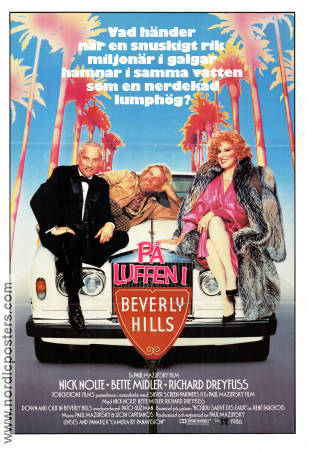 Down and Out in Beverly Hills 1986 movie poster Nick Nolte Bette Midler Richard Dreyfuss Paul Mazursky Cars and racing Money
