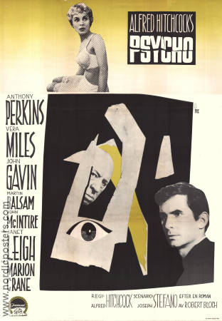 Psycho 1960 movie poster Anthony Perkins Janet Leigh Vera Miles Alfred Hitchcock Writer: Robert Bloch Poster artwork: Gösta Åberg