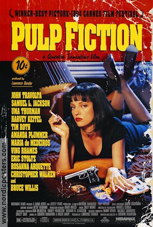 Pulp Fiction 1994 movie poster John Travolta Bruce Willis Uma Thurman Samuel L Jackson Tim Roth Quentin Tarantino Cult movies