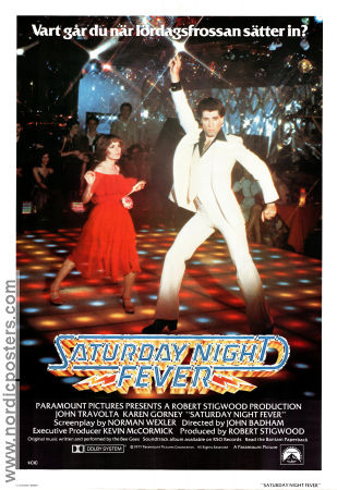 Saturday Night Fever 1977 movie poster John Travolta Karen Gorney John Badham Find more: Robert Stigwood Music: Bee Gees Dance Cult movies Disco