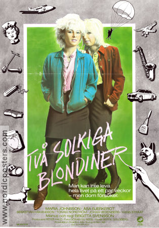 Två solkiga blondiner 1984 movie poster Maria Johnsson Åsa Bjerkerot Sebastian Håkansson Birgitta Svensson Sky diving