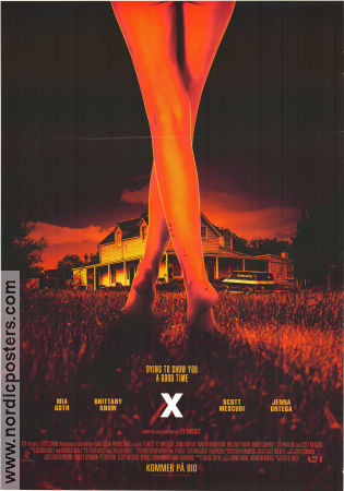 X 2022 movie poster Mia Goth Jenna Ortega Brittany Snow Ti West