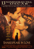 Shakespeare in Love 1998 movie poster Gwyneth Paltrow Joseph Fiennes Judi Dench John Madden Find more: William Shakespeare